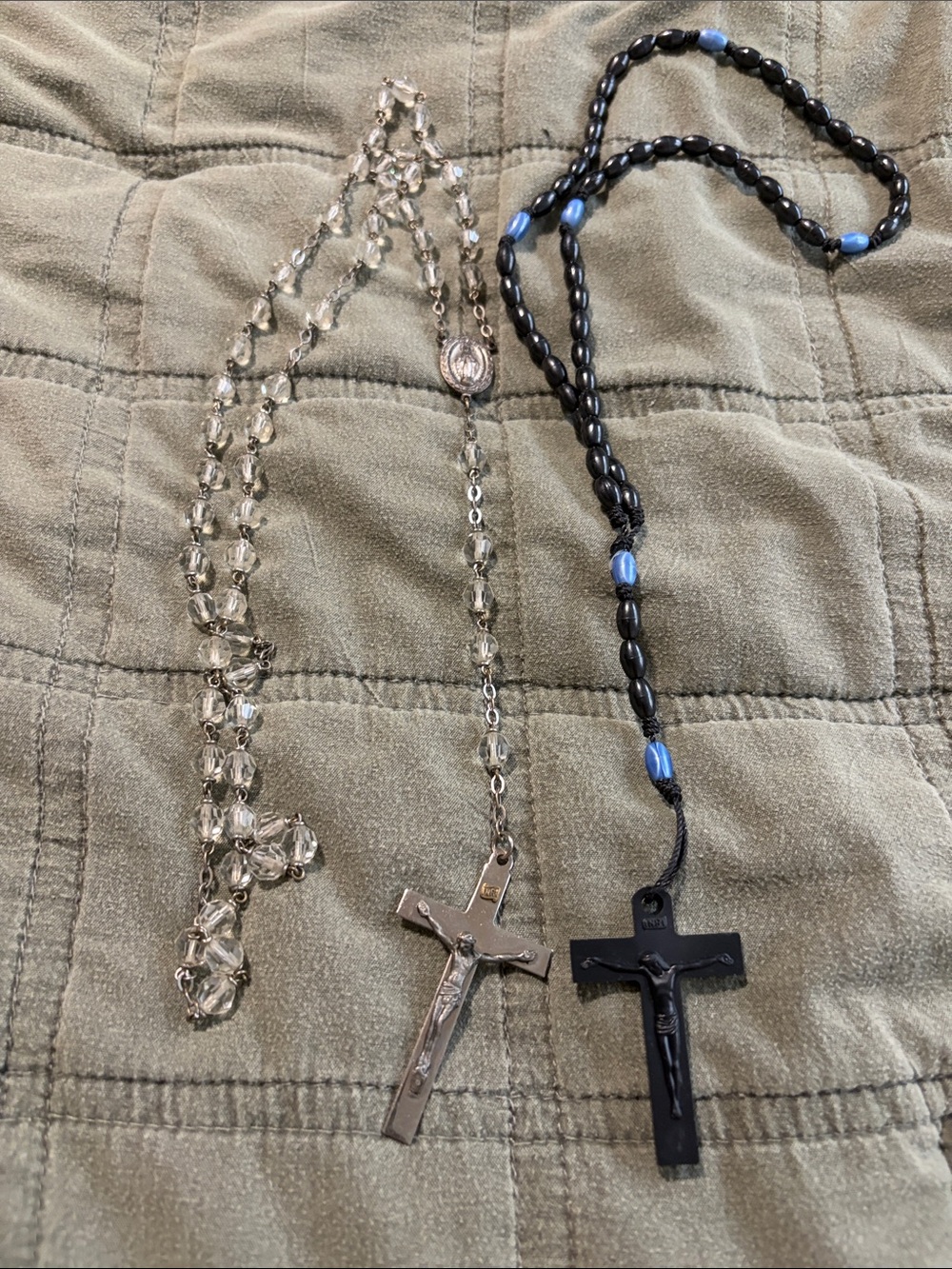 Rosary Necklace Set - Clear Crystal & Black Beaded Cross